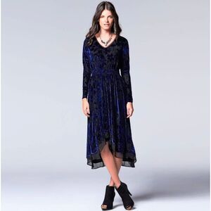 Simply Vera blue black velvet burnout stretch midi long sleeve hi lo dress M